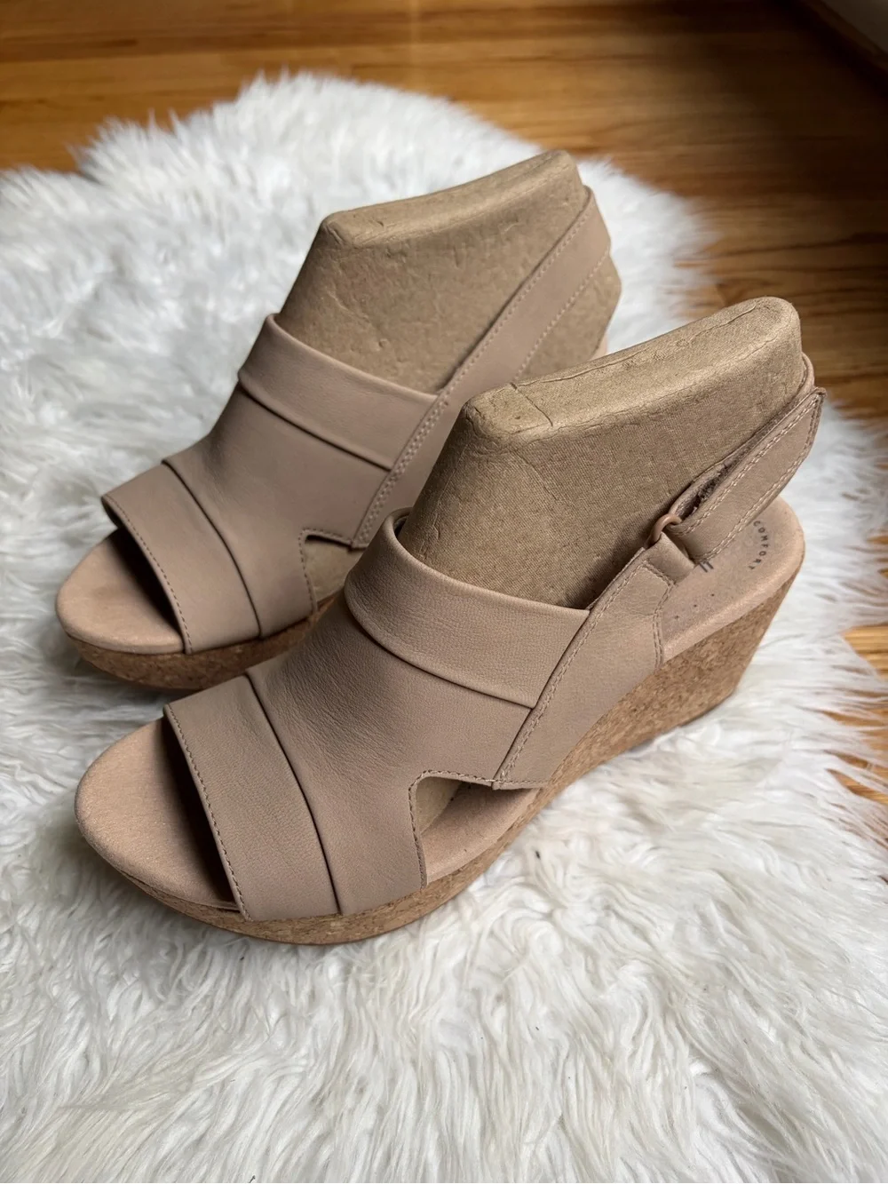 Clarks Annadel Ivory Beige/Tan Cork Platform Wedge Sandals
